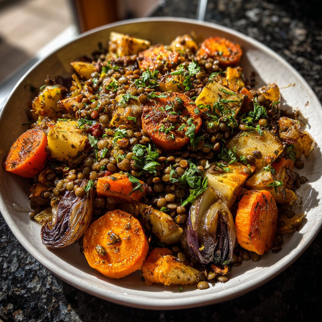 Mittagessen mit Linsen und Ofengemüse